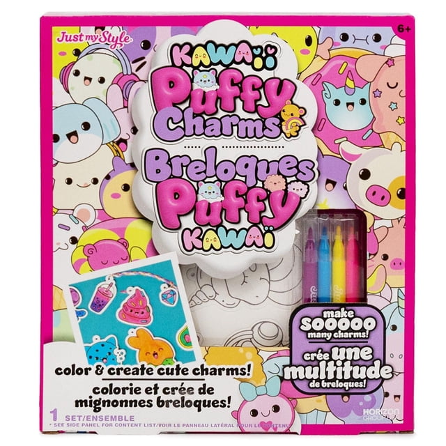 Just My Style Kawaii Puffy Charms bracelet-making kit with over 30 punch-out kawaii puffy charms, 4 vibrant mini markers, and three satin cords in pink, purple, and teal for easy coloring and assembling personalized charm bracelets.