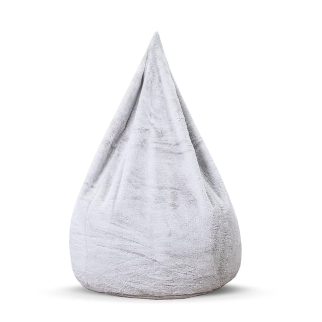 Gouchee Home Agora Grey Bean Bag Chair upholstered in soft grey faux rabbit fur with polystyrene bead filling, featuring a tall teardrop shape, lightweight and portable, suitable for adults and teens in dorms or living rooms, also ideal for casual reading or gaming spots.