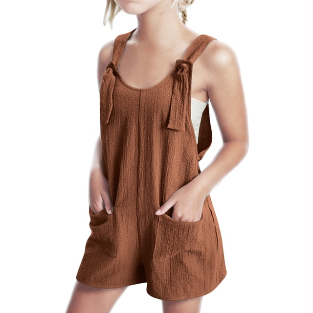 LYHaoo Girls Graphic Romper Summer Solid Color Short Jumpsuit For Girls,Sizes 11-12 Years(Brown)