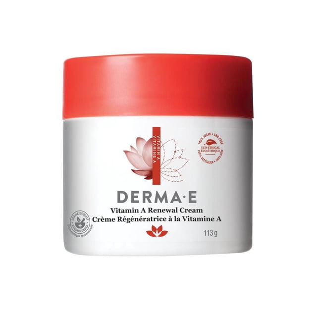 DERMA E Crème Régénératrice à la Vitamine A dans un Pot Blanc avec Couvercle Rouge, Présentant un Motif de Fleur de lotus et une Étiquette Recommandée par des Dermatologues, Formulée pour le Renouvellement de la Peau et une Hydratation en Profondeur, 100 % Végane et Écoéthique, Pesant 113 Grammes.