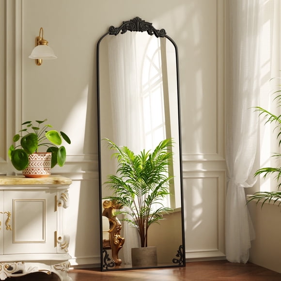 BEAUTYPEAK Miroir Pleine Longueur Arqué 65"x21 Pouces Miroir Vintage en Métal Style Baroque, Noir