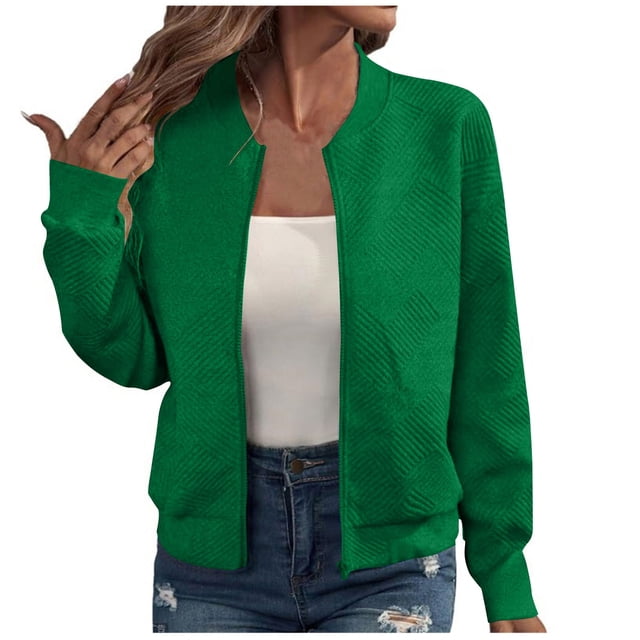 WRKEKC Women's Arrival Zip Front Jacket Solid Color Long Sleeve Modern Minimalist Style Everyday Essential No Hood Plus Sizes Green XXL