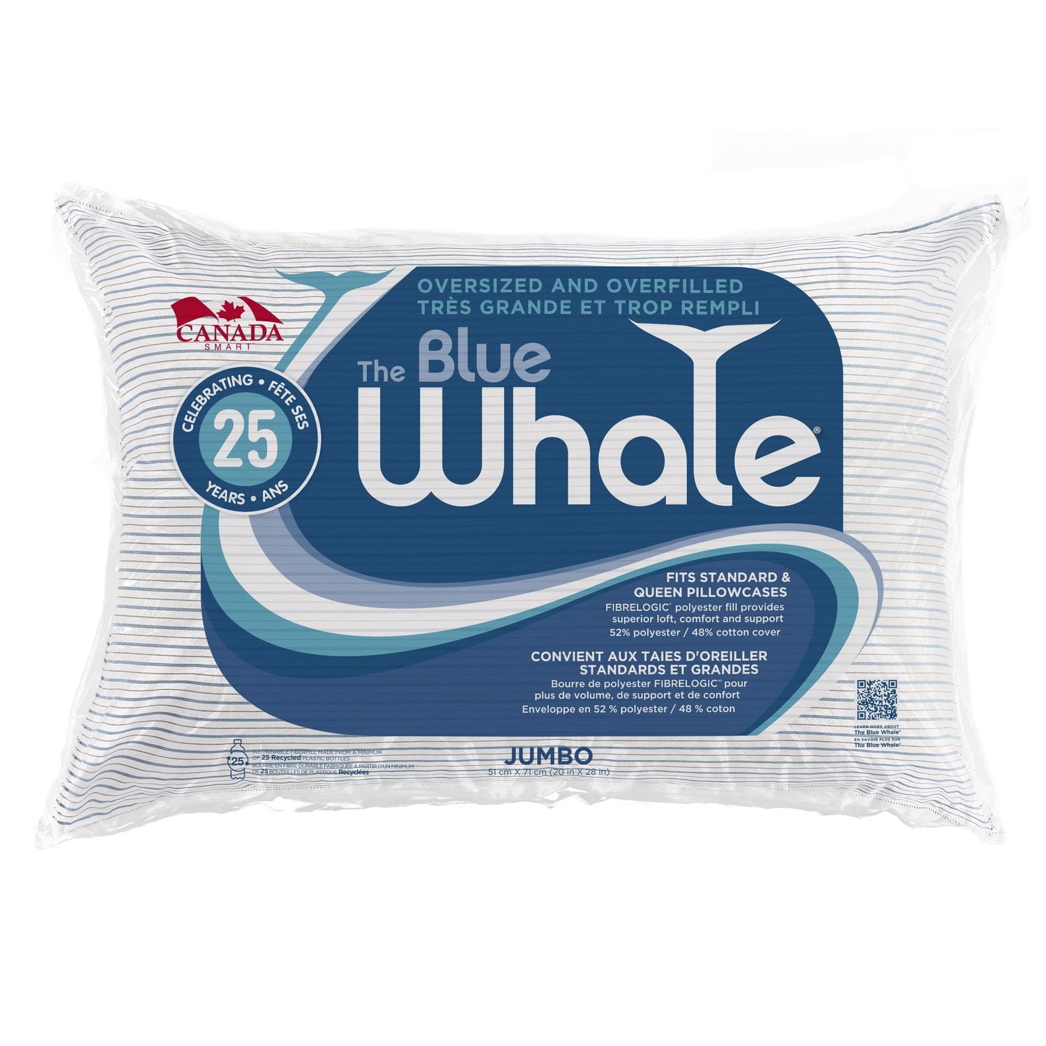 Blue Whale Striped Bed Pillow, Oversized and Overfilled Standard Size