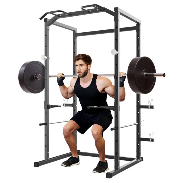 GloryStar Heavy Duty Squat Rack Power Cage for Home Gym, 1100 LB Capacity Power Rack Features Pull-Up Bar, Dip Bars, Adjustable Safety Spotters, J-Hooks, and Built-in Plate Storage