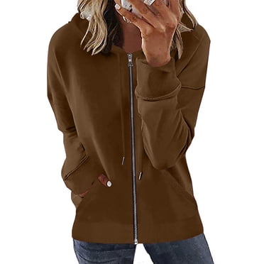 TIMIFIS Women's Hoodies Fall Jacket Oversized Sweatshirts Casual Drawstring Clothes Zip Up Hoodie Long Sleeve Workout Hooded Top-Brown-1-SFall