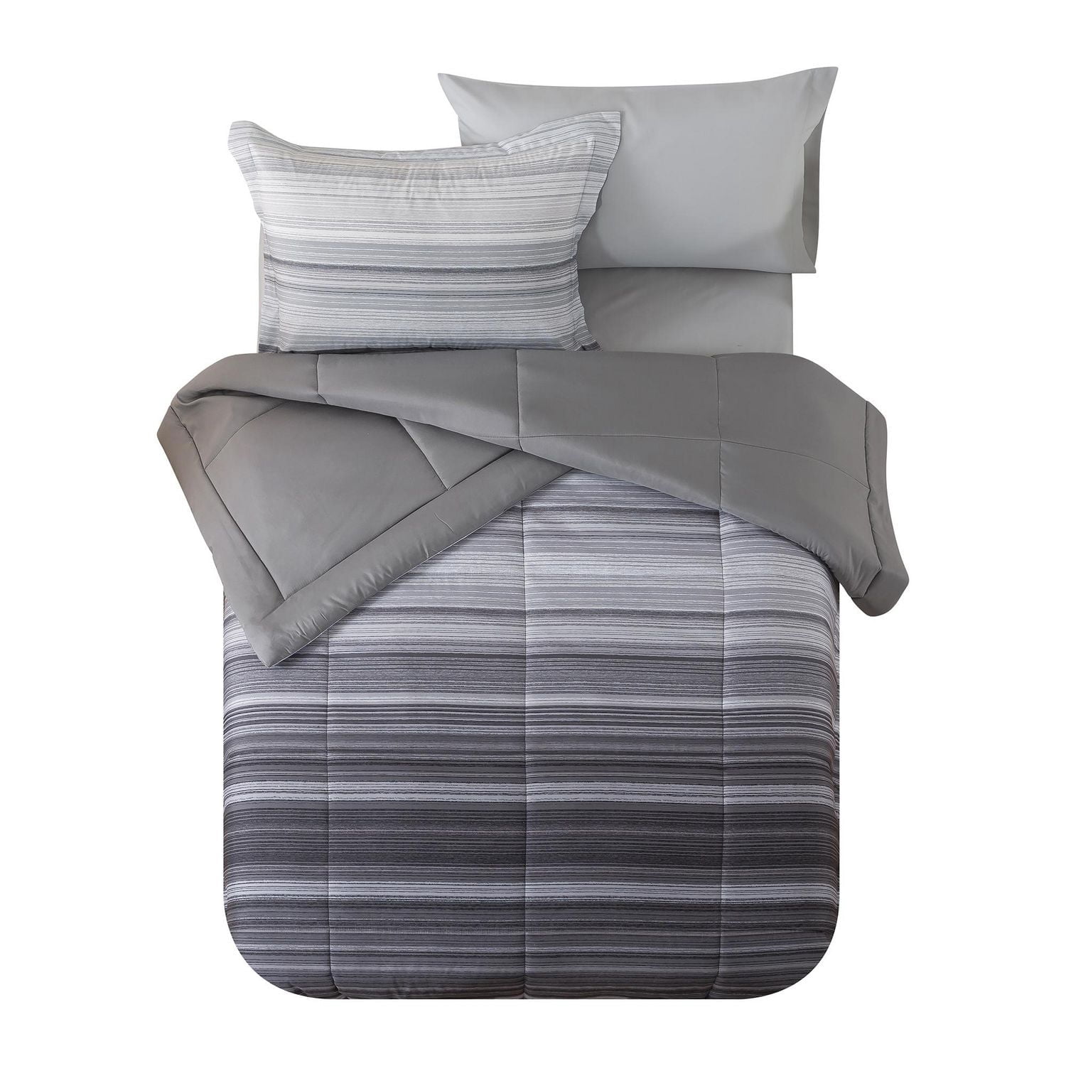 Mainstays – Ensemble de literie tout-en-un réversible avec couette et draps, 5 pièces, simple très grand (Twin XL), rayures grises
