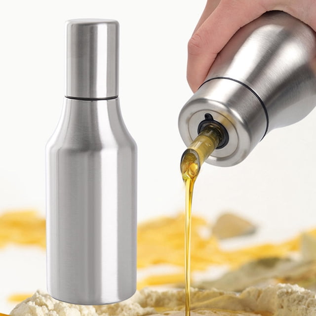 TIMIFIS Pouring Oil Bottle Easy Clean Oil Dispenser made of stainless steel with a leakproof spout. The image highlights the cylindrical design and a demonstration of oil being poured smoothly onto food. Features include an anti-drip design, large refill hole, and insect-resistant spout cover. Ideal for dispensing olive oil, soy sauce, or other condiments in the kitchen. Available in capacities of 550ML, 750ML, and 1000ML.