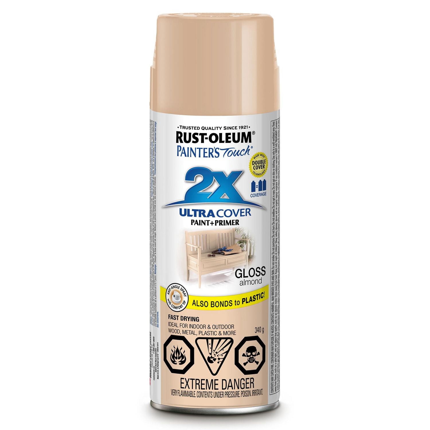 Peinture et apprêt tout usage Rust-Oleum Painter's Touch 2X Ultra Cover en aérosol, finition brillante amande, 340g