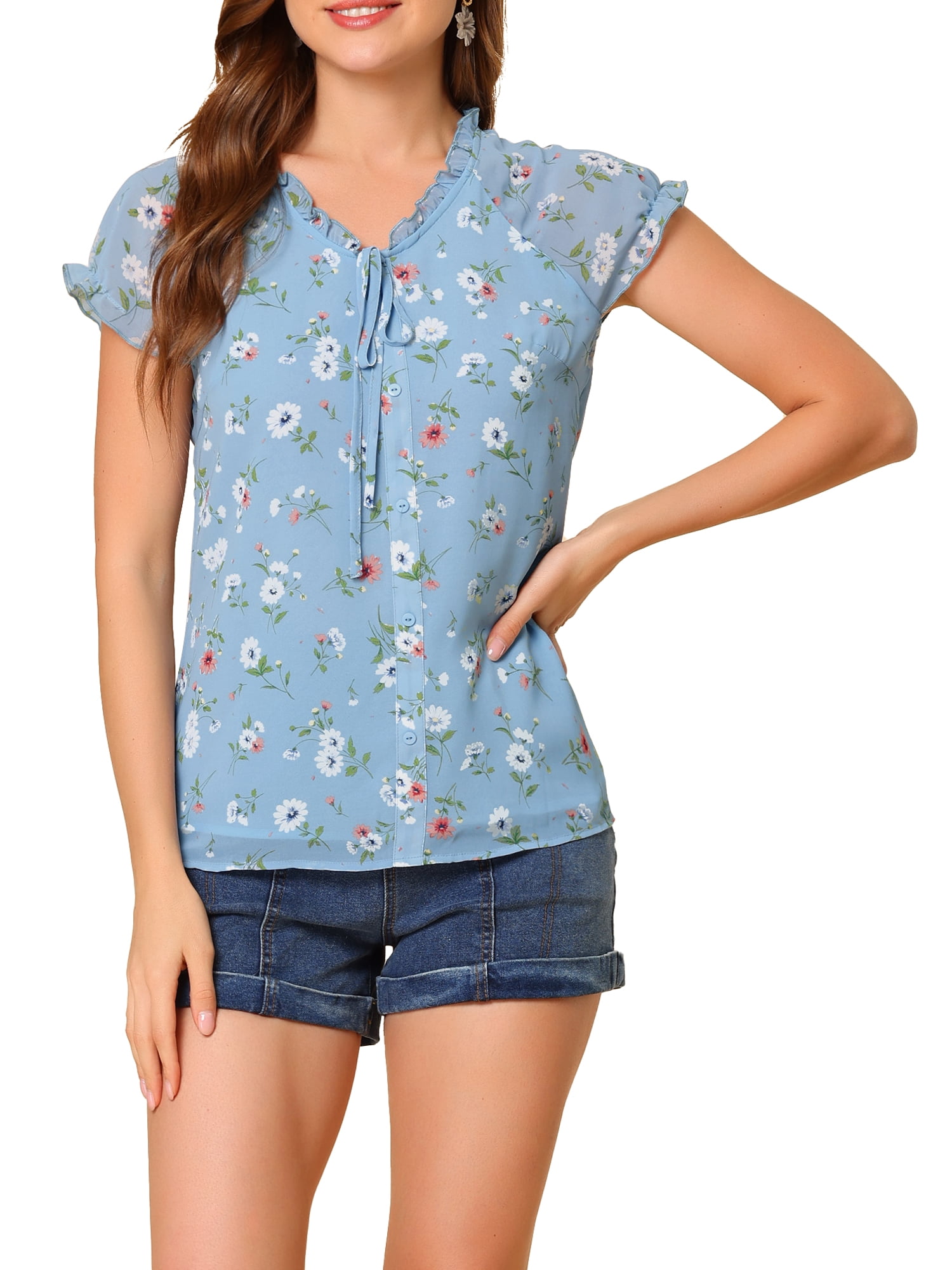 INSPIRE CHIC Blouse Fleurie pour Femme de Rentrée Scolaire à Manches Courtes Cap, en Chiffon, Décontractée, à Volants, Bleu G