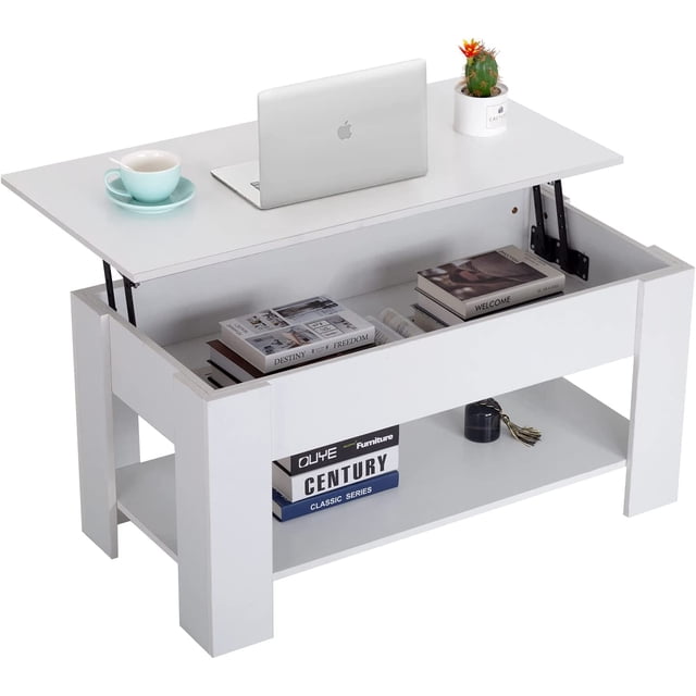 FDW Table Basse Blanche de 39,4 Pouces à Plateau Relevable avec une Finition Blanche Moderne, Comprenant un Plateau Relevable Révélant un Compartiment Caché pour Ranger des Articles comme des Ordinateurs Portables Ou des Livres. la Table Comprend Deux Étagères Inférieures Partitionnées pour un Rangement Supplémentaire et Est Fabriquée en Bois d'Ingénierie Résistant aux Rayures. Convient aux Salons, Bureaux Ou aux Aires de Réception.