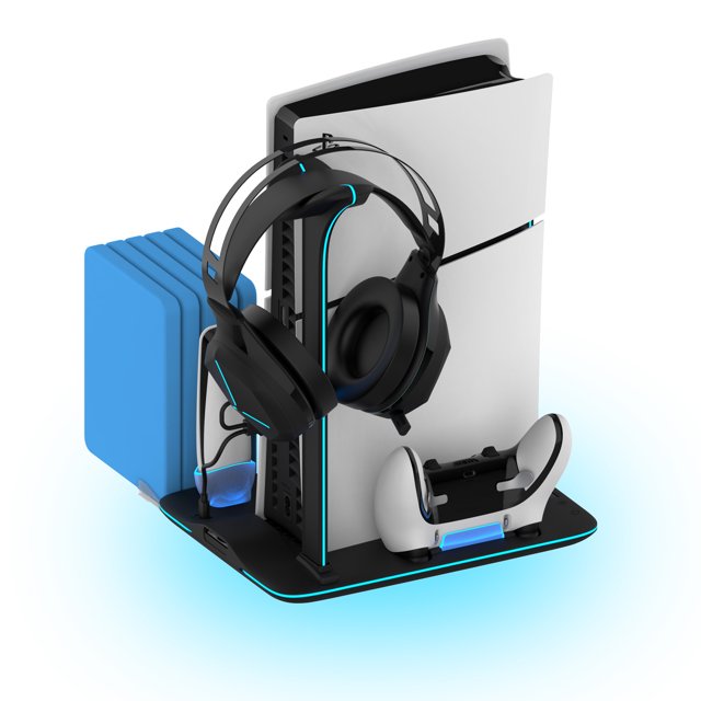 Support pour PS5 Slim avec Station de Refroidissement et Station de Recharge pour Manettes, Base Multifonctionnelle de Dissipation de Chaleur pour Hôte, Chargement de Manettes de Jeu et Support de Rangement pour Disques