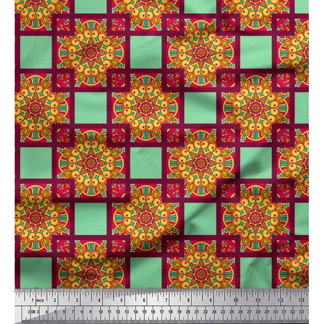 Soimoi polyester Crepe Fabric Check & Mandala Decorative Print Sewing Fabric Yard 52 Inch Wide