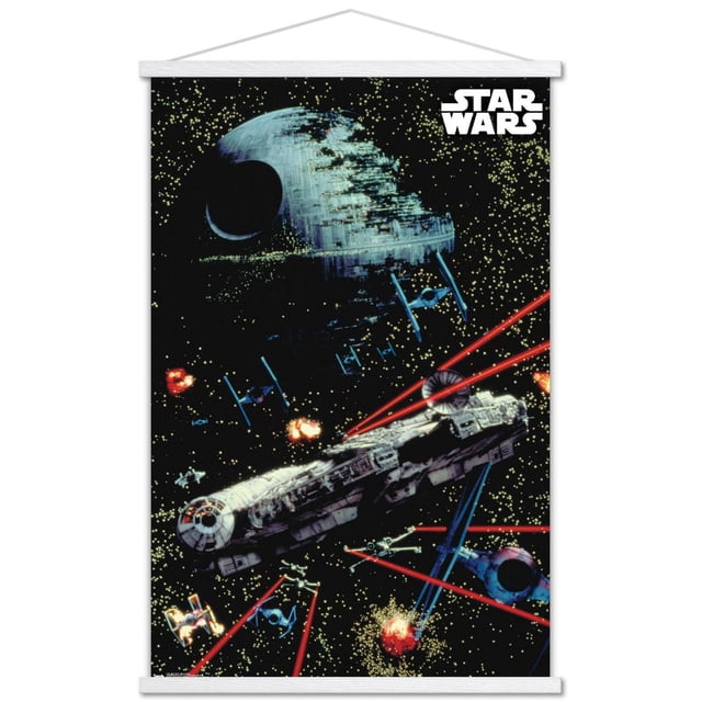 Star Wars : Saga - Affiche Murale de Bataille Spatiale, 22,375 Pouces x 34 Pouces Représentant une Affiche Brillante avec l'Étoile de la Mort, le Faucon Millenium et des Combattants TIE Tirant des Faisceaux laser Rouges sur un Fond Spatial Noir Rempli d'Étoiles, Convenant à la Déco de la Maison Ou à une Utilisation pour une Fête à Thème.