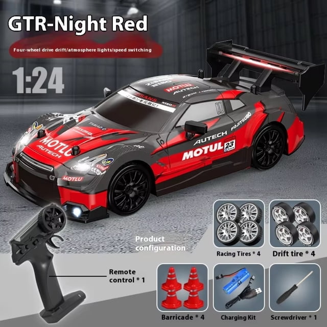 AIGIA 1:24 Scale RC Drift Car 4WD 2.4GHz 30KM/H High Speed Racing Sport Toy Car with LED Lights Racing and Drift Wheels(1/2 Pack)