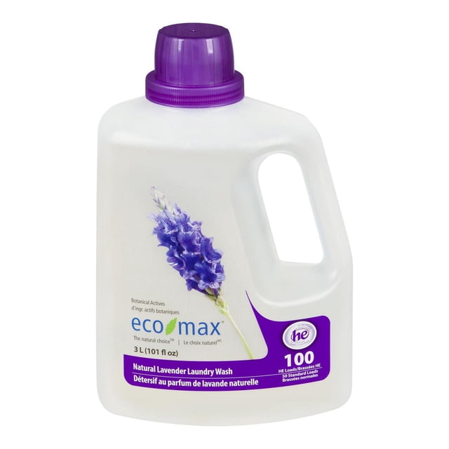 Eco-Max Natural Lavender Laundry Wash 3L white plastic jug with purple cap, featuring a lavender flower and label highlighting plant-based, biodegradable ingredients. Suitable for 100 HE or standard loads, this liquid detergent is gentle on sensitive skin and eco-friendly.
