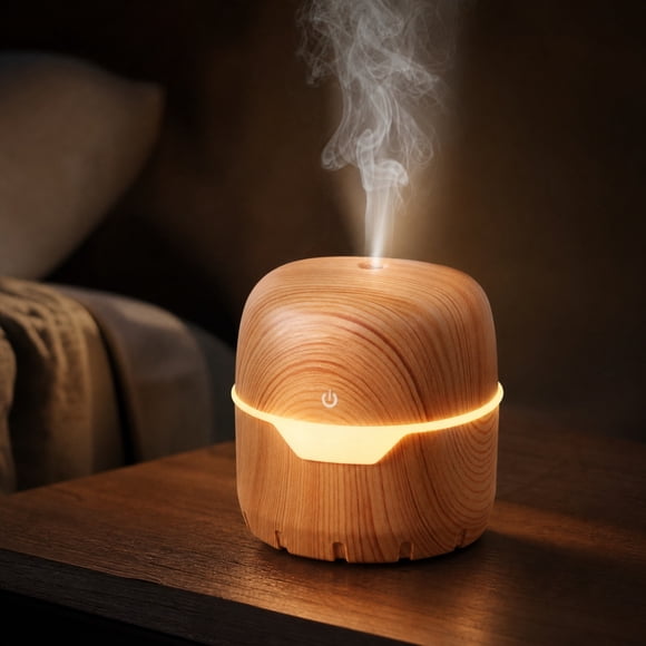 Humidificateur d'Arômes à Grain de Bois en Forme de Boîte, Diffuseur d'Huiles Essentielles 2-en-1 Silencieux pour Bureau, Hydratant d'Air pour la Maison, la Chambre et le Bureau, Décor Bois à Lumière Foncée, Diffuseur Humidifiant Portable pour Salon