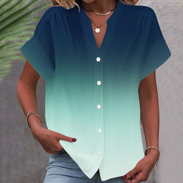 RXIRUCGD Fashion Women's Short Sleeved Solid Color Spring/summer Button Up Shirt Top, Green, Size: L