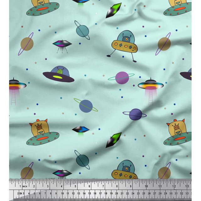Soimoi Crepe Silk Fabric Planet,Animal & Spaceship Cartoon Fabric Prints by Yard 42 Inch Wide