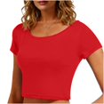 thumbnail image 2 of VSSSJ Crop Tops pour Femmes Manches Courtes Col Rond Extensible Chemise Décontractée Ajustée Solide Confortable Été Basique T-Shirts Courts Rouge Taille Unique, 2 of 5