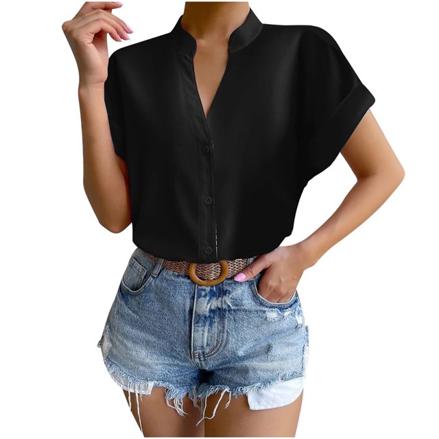 Women Solid Color Tops Button V Neck T-Shirts Blouse