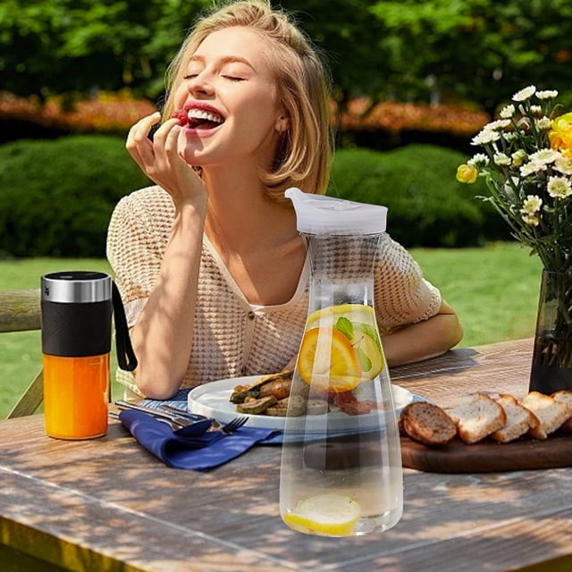 TIMIFIS Plastics Water Carafe, Kitchen Appliances Plastic Water Carafe with Flip Lid Base Juices Containers Clear Plastic Pitcher for Water Iced Tea Juices Beverage Cold Brew and Bar