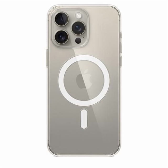 Apple iPhone 15 Pro Max Clear Case with MagSafe, a slim transparent case crafted from optically clear polycarbonate and flexible materials, featuring a white MagSafe magnetic ring and strip on the back that align with the iPhone 15 Pro Max, showing the phone's silver finish and triple camera lenses in a centered rear view.