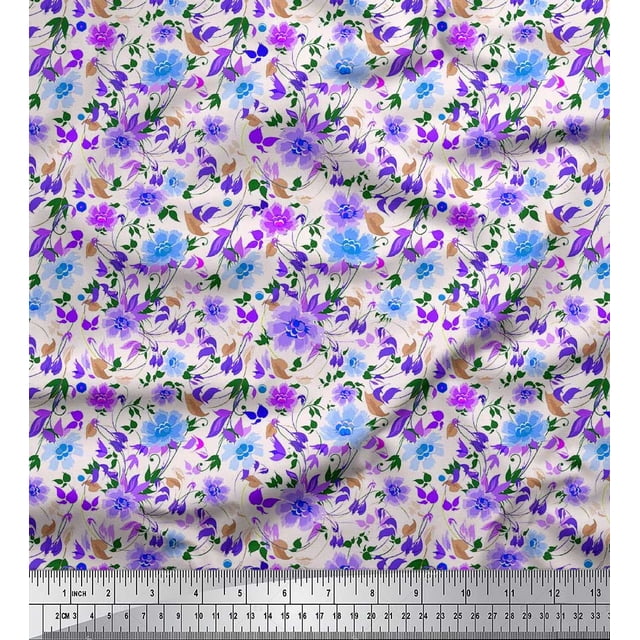 Soimoi Polyester Crepe Fabric Leaves & Floral Artistic Print Fabric by Yard 52 Inch Wide