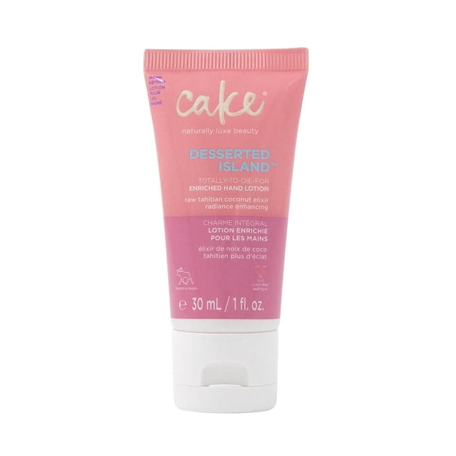 Cake Desserted Island enriched hand lotion in a 30 mL pink and purple tube with white flip cap, featuring raw Tahitian coconut elixir and radiance-enhancing formula, cruelty-free and vegan, ideal for hydrating and smoothing hands with a tropical scent.