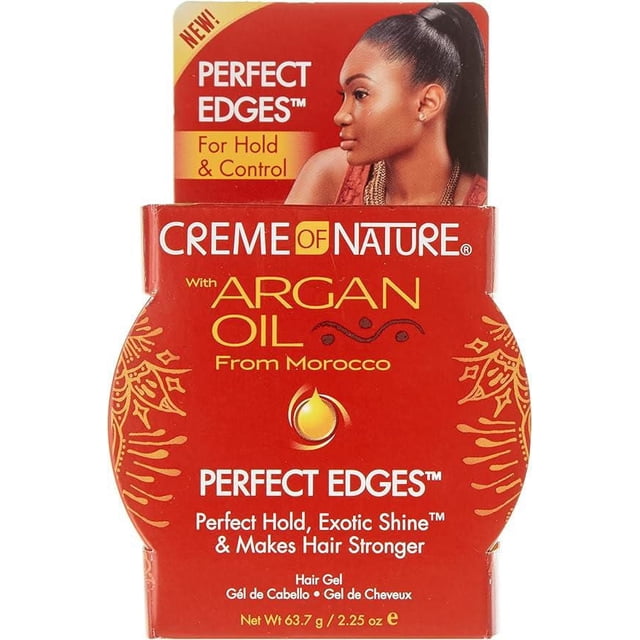Crème of Nature Perfect Edges Emballage de gel Capillaire en Rouge avec accents Dorés, Mettant en Vedette de l'Huile d'Argan du Maroc, Conçu pour une Tenue Parfaite, une Brillance Exotique et des Cheveux Plus Forts, Poids net 63,7 g / 2,25 oz, Convient à un Style Épuré et au Contrôle des Bords.