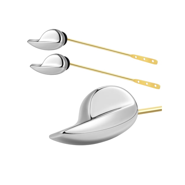 Set of 2 toilet tank flush levers with handles, featuring a silver zinc alloy handle and golden stainless steel lever. Designed for front-mount toilets, these universal replacement handles include a reversed thread and rubber ring for secure installation. Each lever measures 20 cm (7.9 in) in length, with a 7.5 cm (3 in) handle. Suitable for various toilet models, the levers are rustproof and easy to install without additional tools.
