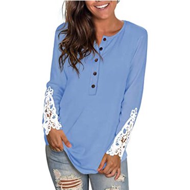 CEHVOM T-shirt à Manches Longues pour Femmes, Couleur Unie, Col Rond, Boutons, Dentelle, Coutures