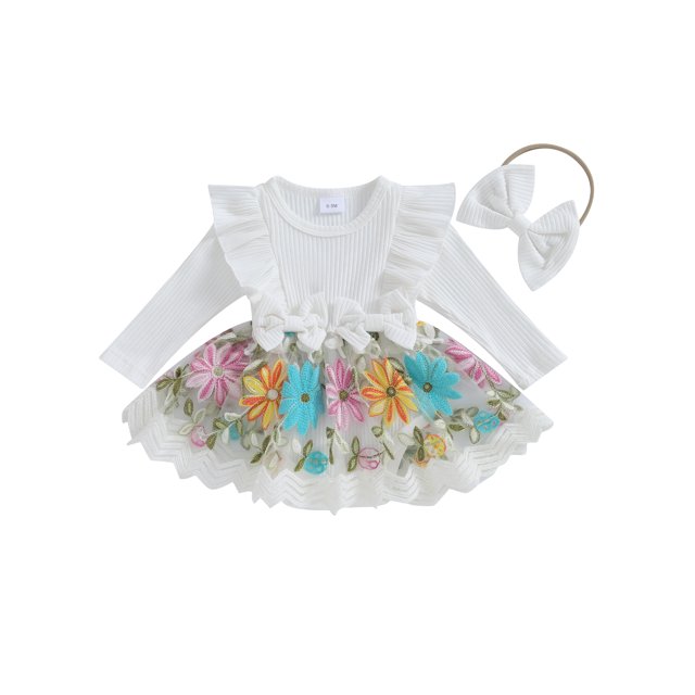 FOCUSNORM Barboteuse-Robe d'Automne pour Bébé Fille à Manches Longues, Broderie Florale, Tulle Patchwork, Barboteuse avec Bandeau