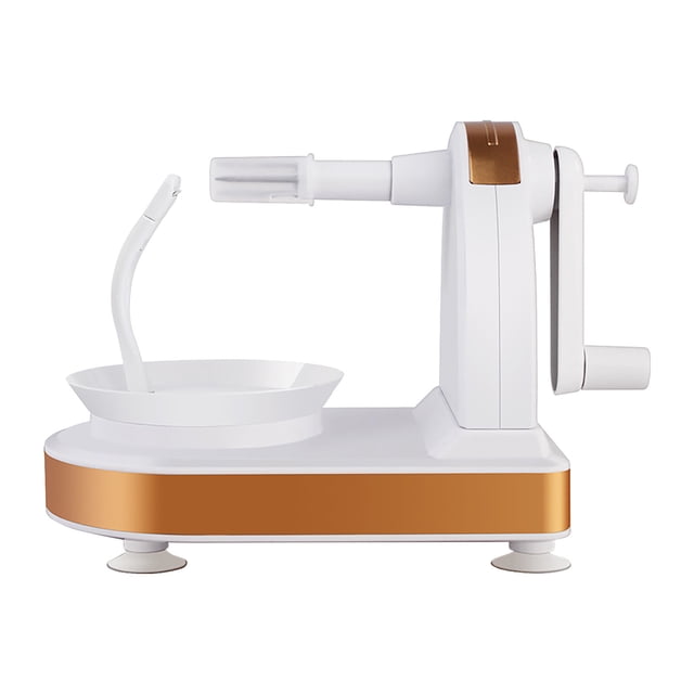 Czzoypi Peeler (Blanc), machine à Éplucher Multifonction à Manivelle avec Corps en ABS Blanc et accents Dorés. Comprend une Lame en Acier Inoxydable pour Éplucher Rapidement et Efficacement des fruits et des Légumes comme les Pommes de Terre, les Pommes et les Carottes. Comprend une Ventouse Inférieure pour la Stabilité, une Poignée Ergonomique pour un Usage Confortable et une Lame Détachable pour un Nettoyage Facile. Conçue pour les Utilisateurs Gauchers et Droitiers, Elle Est Également Fournie avec un Accessoire pour Trancher les Pommes en 8 Pcs. Idéale pour Préparer des Collations pour les Enfants
