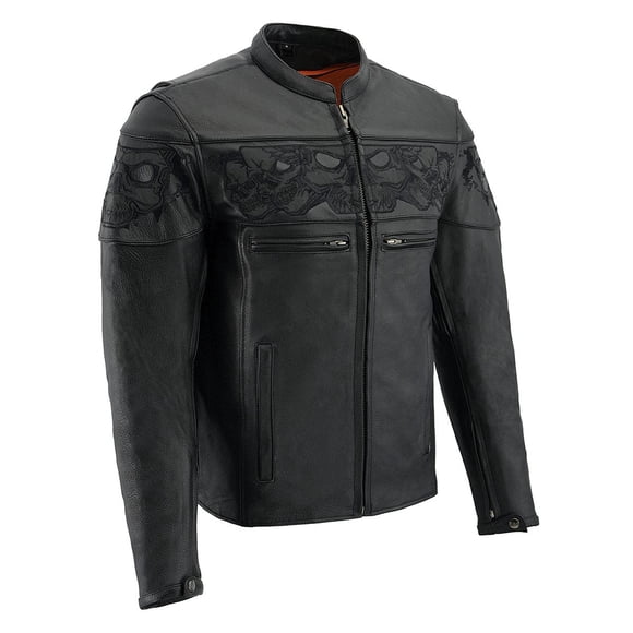 Milwaukee Leather MLM1500 Veste de Trottinette en Cuir Noire Croisée pour Homme avec Crânes Réfléchissants - Petit