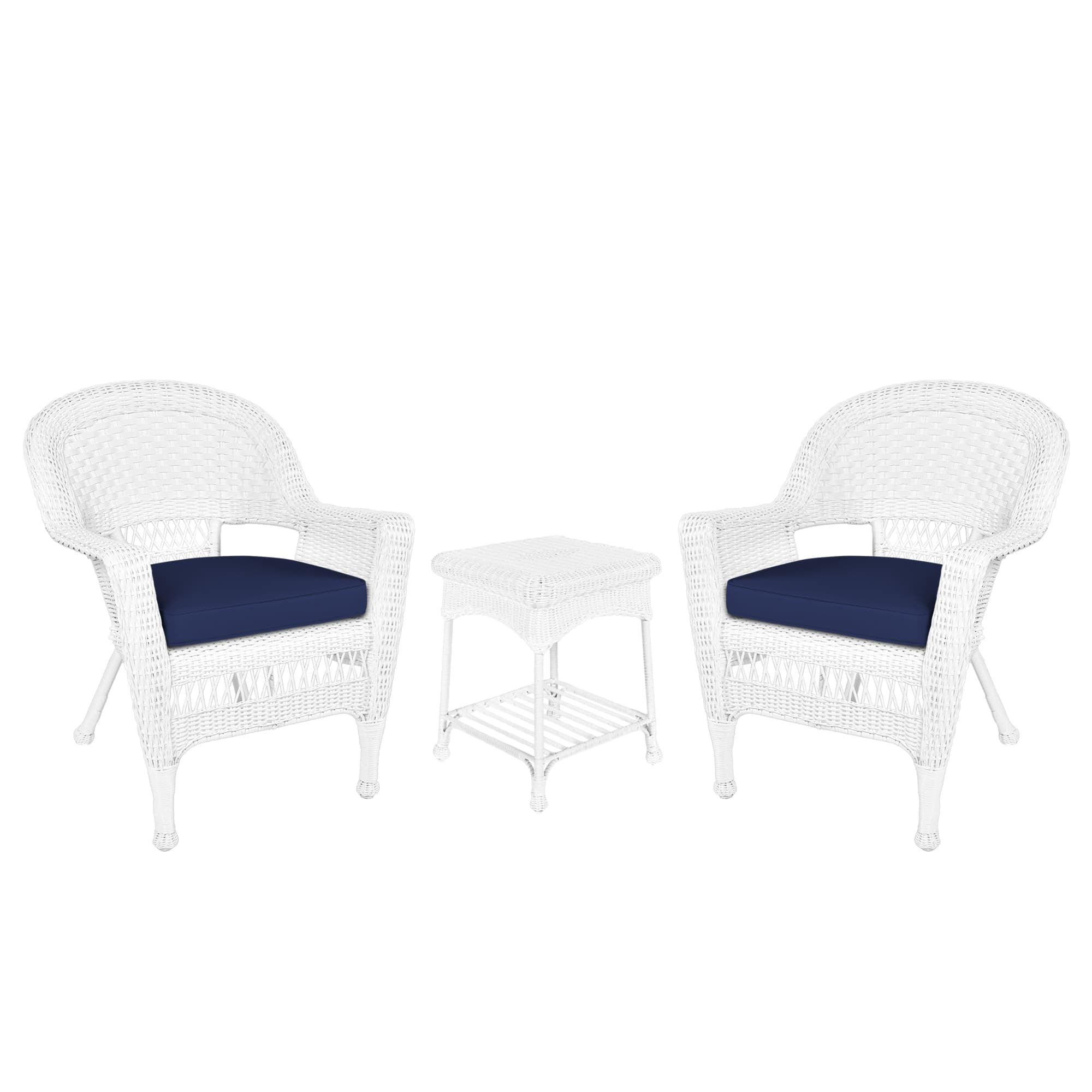 Jeco Ensemble de Conversation en Osier 3 Pcs, Blanc avec Coussins Bleus