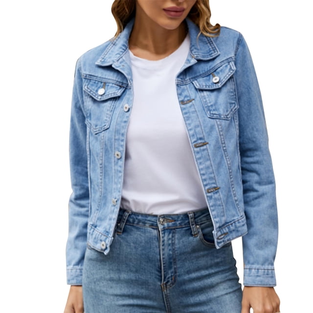 Women's Denim Jacket Basic Solid Color Button Down Coat with Pockets Stylish Casual Outerwear Comfortable Fit