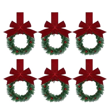 6PCS Christmas Kitchen Cabinet Wreaths With Ribbon Mini Christmas Wreath Small Kitchen Wreath With Berry And Bows Greenery Wreath For Window Door