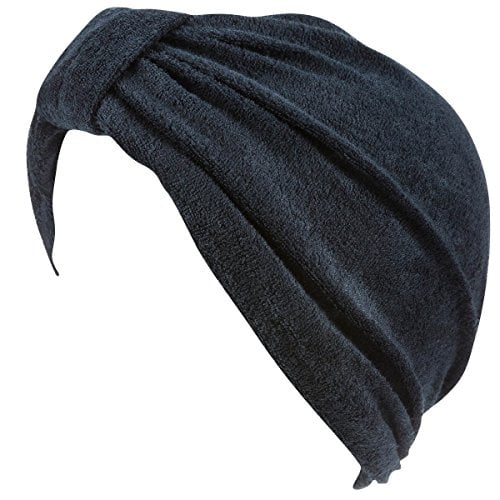 Turban en Tissu Éponge Doux avec Nœud Réversible Ou devant Boutonné en Noir. Conçu avec des Plis Rassemblés Autour du Haut et du Dos, et Trois Boutons à l'Arrière. Fait de 80 % polyester et 20 % Coton, Cette Calotte Légère et Confortable Est Idéale pour la Natation, le Bain Ou le Port Quotidien. Taille Unique Convient à la Plupart des Adultes.