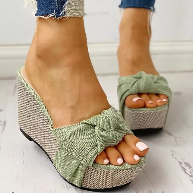 LSLJS Chaussures Décontractées pour Femmes à Nœud, Talon Compensé, Bout Ouvert, Pantoufles Unies, Sandales à Plateforme Confortables, Pantoufles pour Femmes