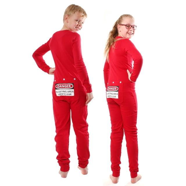 One Piece Onesie Union Suit for boys and girls in a vibrant red color, featuring a humorous printed sign on the non-functional rear flap that reads 'DANGER - BLASTING AREA - Keep Clear.' This classic union suit design includes a snap front closure, long sleeves, and rib-knit cuffs at the wrists and ankles for a snug fit. Made from 100% rib-knit cotton, it offers warmth and comfort, ideal for lounging or family pictures. Available in kids' sizes 4 to 14.