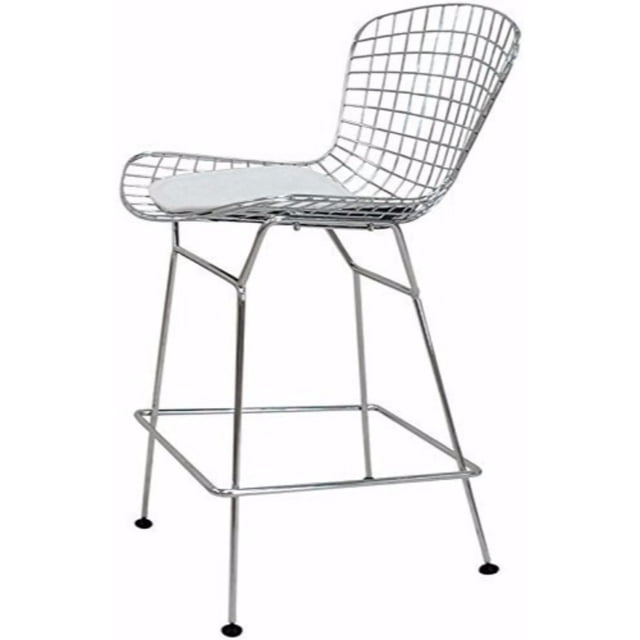 Nicer Furniture Bertoia White Counter Stool with steel wire mesh seat and backrest in chrome finish, supported by four steel legs with square footrest and black plastic non-slip gliders, featuring a white leatherette seat pad for comfort, suitable for kitchen and dining seating.