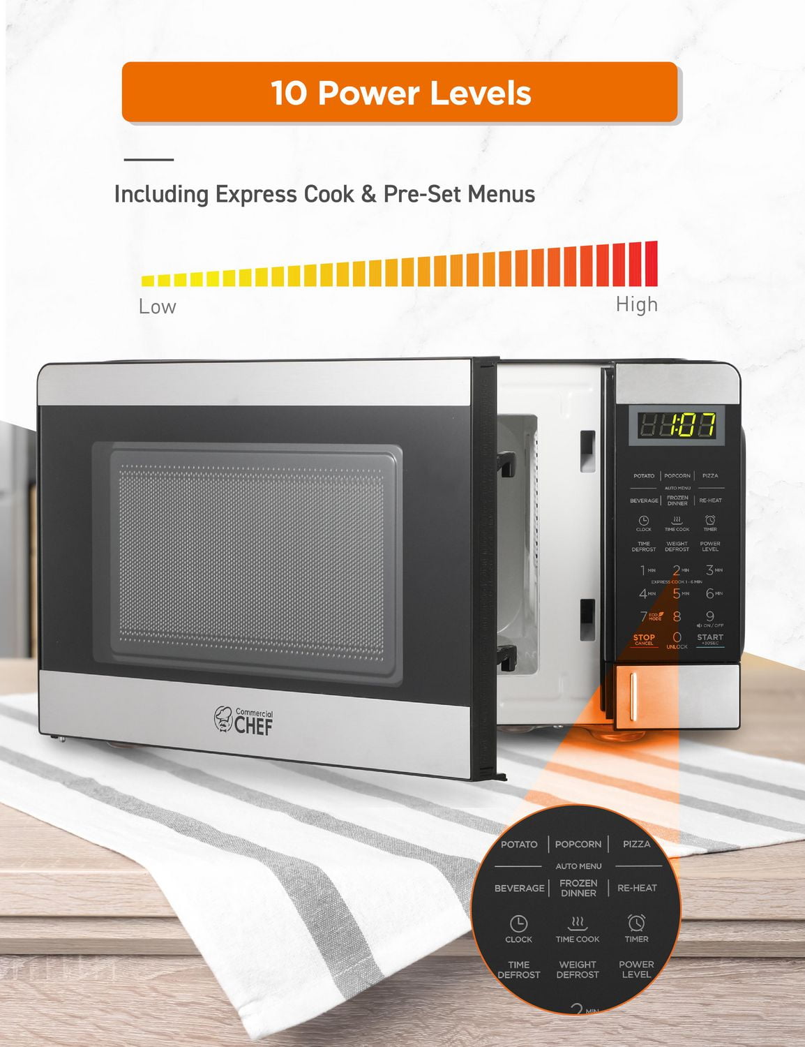 COMMERCIAL CHEF Micro-ondes de 0,7 pied cube avec 10 niveaux de puissance, petit micro-ondes avec bouton poussoir, micro-ondes de comptoir 700 W jusqu'à 99 minutes, minuterie et affichage numérique, a