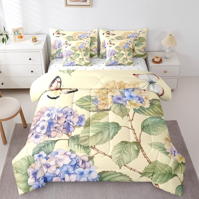 Floral Bedding Comforter Sets 7Pcs Rustic Hydrangea Flower Bed In A Bag,Kawaii Wild Butterfly King Bedding Sets Beige Sheet Set With Comforter Spring Garden Themed Bedding Sets & Collections