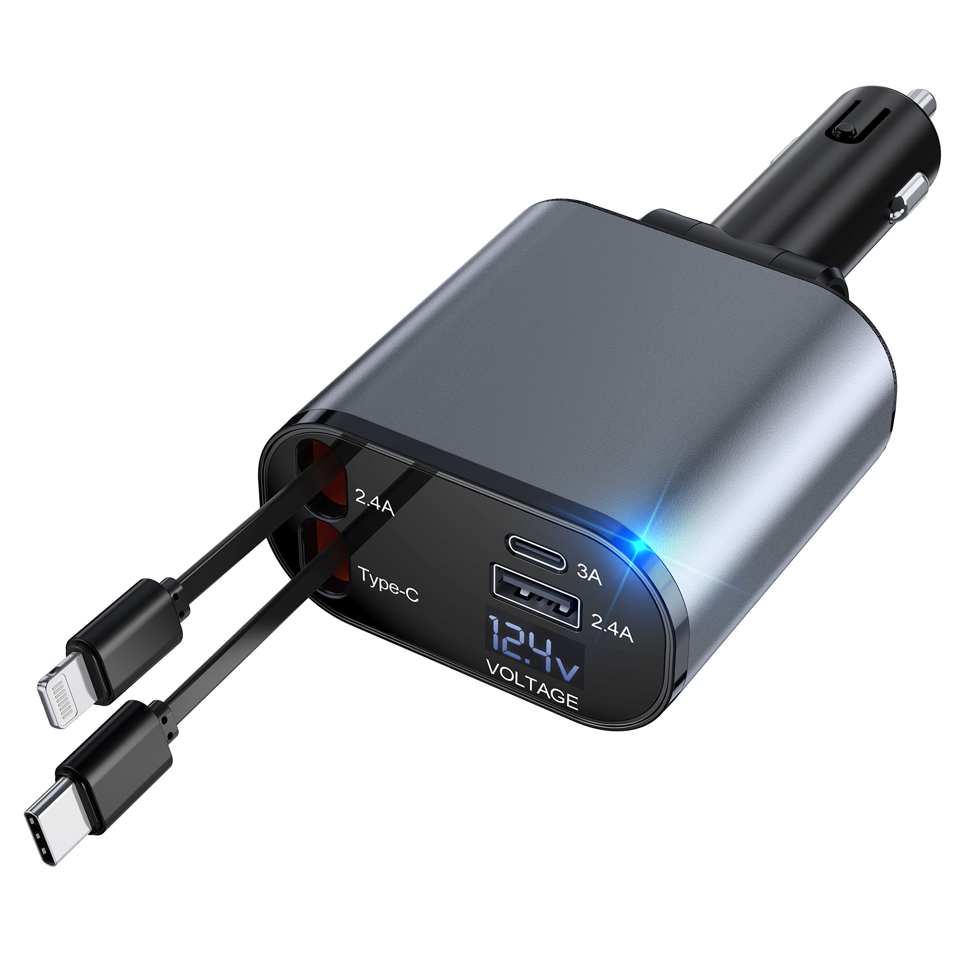 TAOHAI 4 in 1 Retractable Car Charger, 60W Fast Car Phone Charger with Retractable Cables and 2 USB Port, Car Charger Adapter Compatible with iPhone 15/14/13/12/11,Galaxy,Pixel