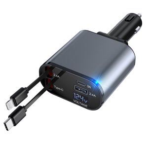 TAOHAI 4 en 1 Chargeur de voiture rétractable, 60W Chargeur de téléphone de voiture rapide avec câbles rétractables et 2 USB Adaptateur Port, Chargeur de Voiture Compatible avec iPhone 15/14/13/12/11,Galaxy,Pixel