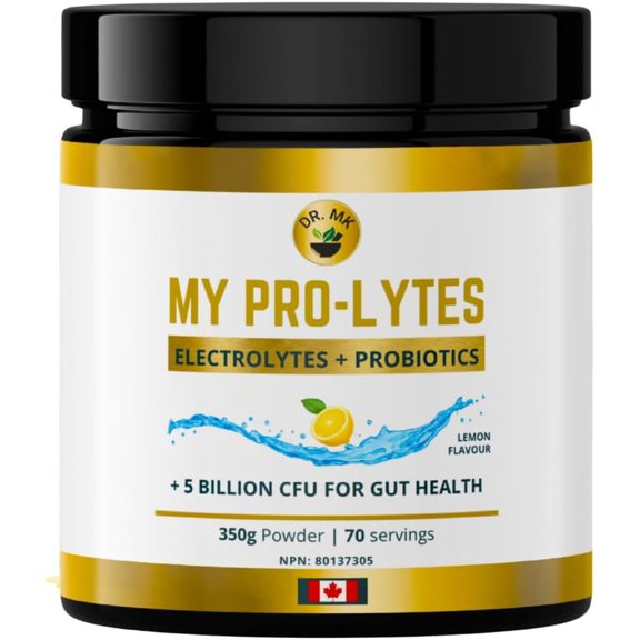 My Pro-Lytes by Dr. MK- Electrolytes + Probiotics Powder | Lemon Flavour | 5 Billion CFU for Gut Health, Hydration & Muscle Support | 350g (70 Servings) Made in Canada