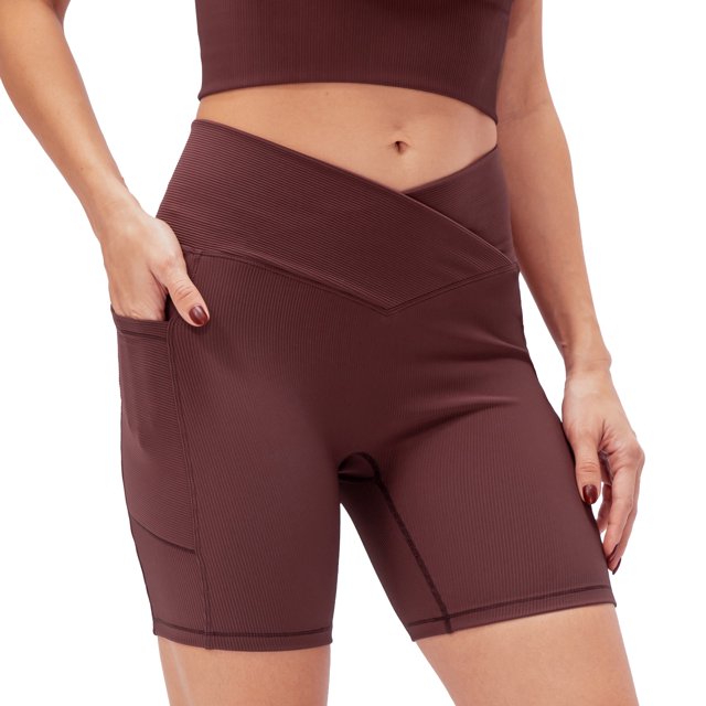 Women Yoga Shorts with Pockets Ribbed High Waist Push up