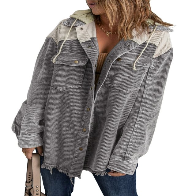 MesaSe Womens Corduroy Shacket Jacket Long Sleeve Button Down Color Block Hooded Coat with Pockets