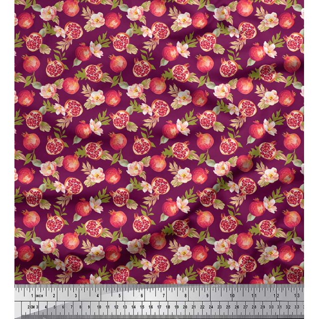 Soimoi Pink polyester Crepe Fabric Floral & Pomegranate Fruits Print Fabric by Yard 42 Inch Wide
