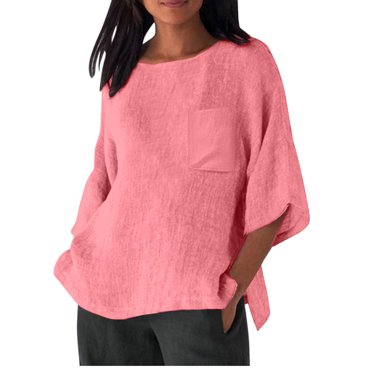 Timegard Womens Tops Scoop Neck 3/4 Sleeve Side Split Lightweight Tee Casual Loose Tops with Pocket